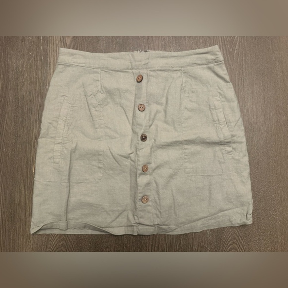 ALTARD STATE OLIVE GREY BUTTON FRONT LINEN BLEND MINI SKIRT- Size Medium SKU:565